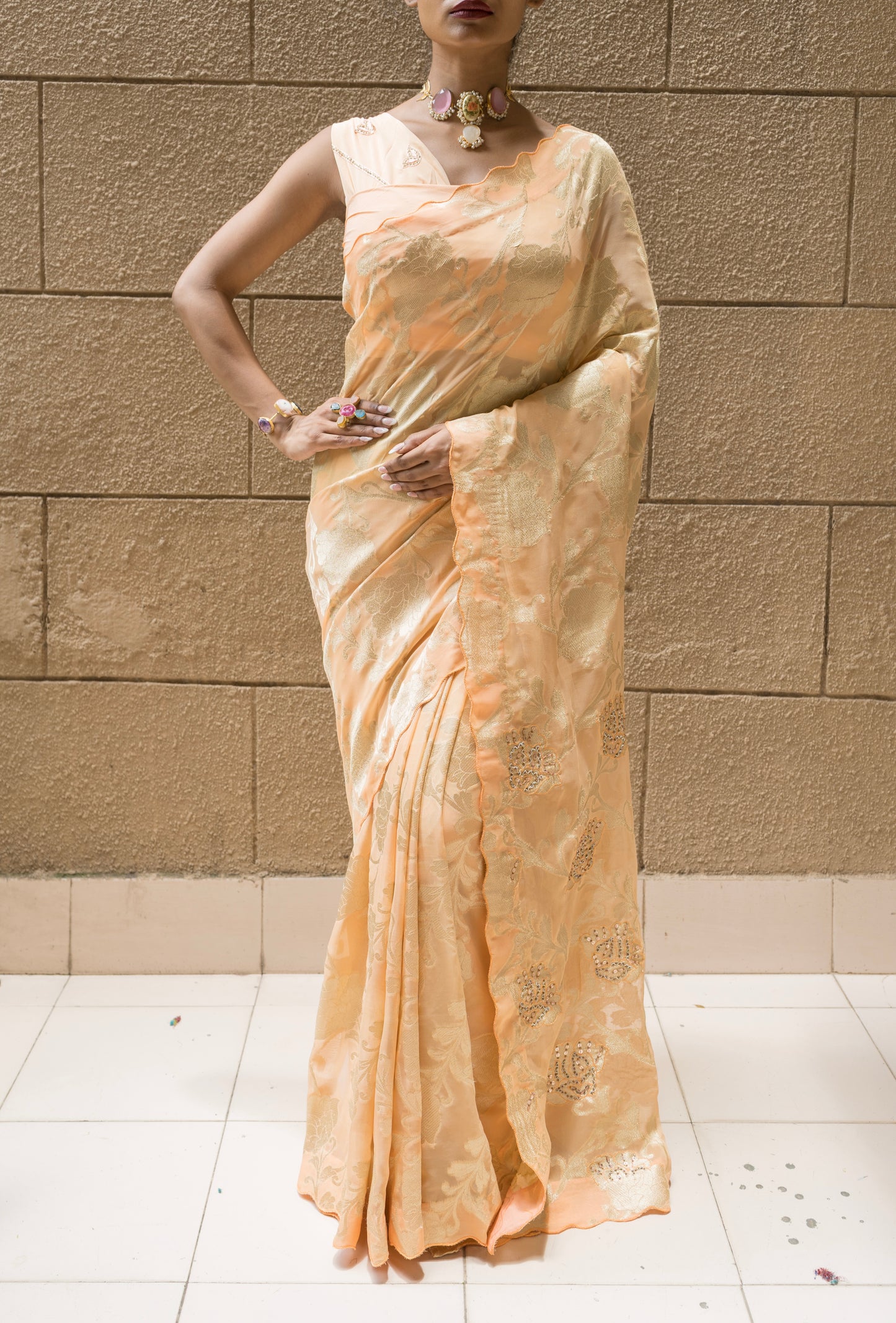 Peach Khaddi Embroidered Saree
