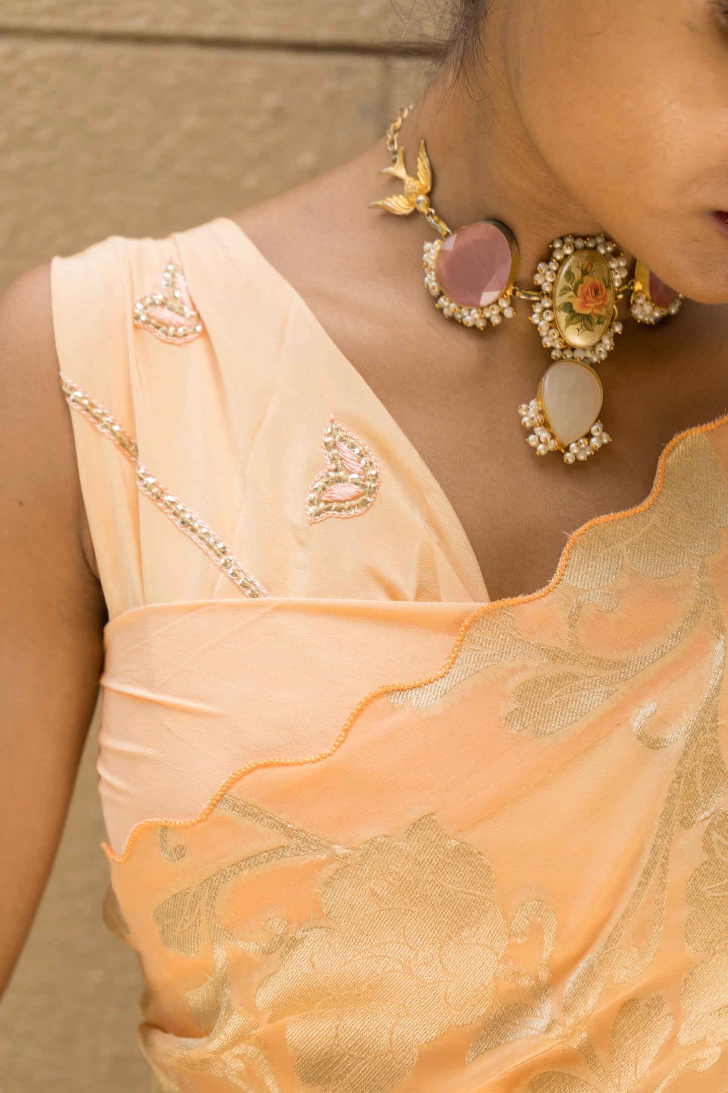 Peach Khaddi Embroidered Saree