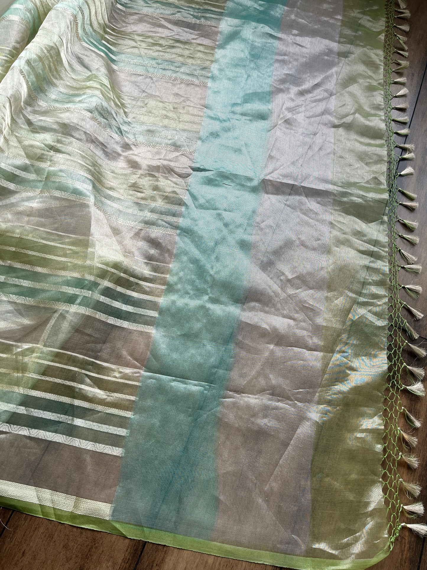 Tissue Stripes Rangkat Saree (Blue-Green)