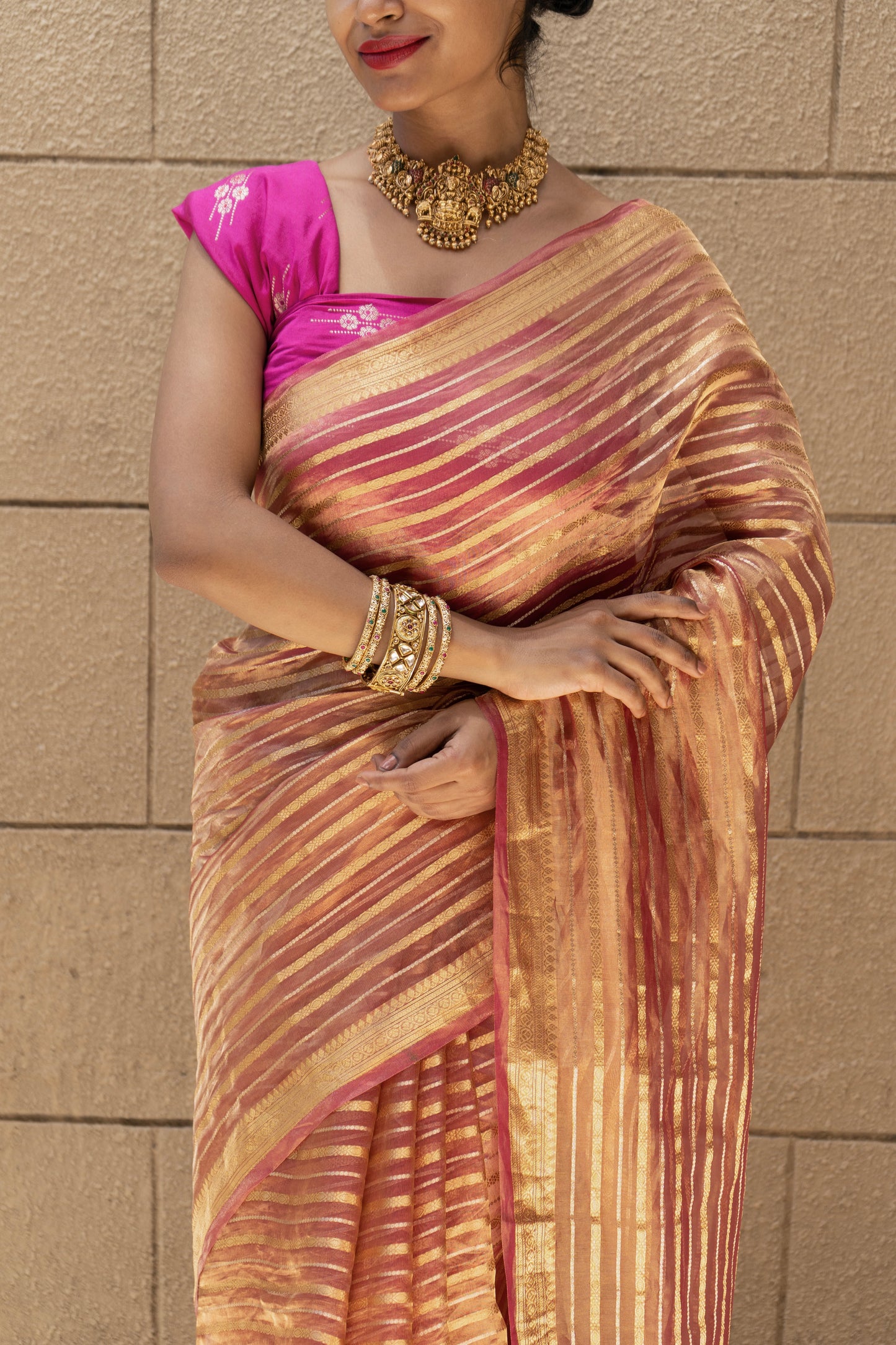 Tissue Stripes Dhoop Chaav Rust Saree
