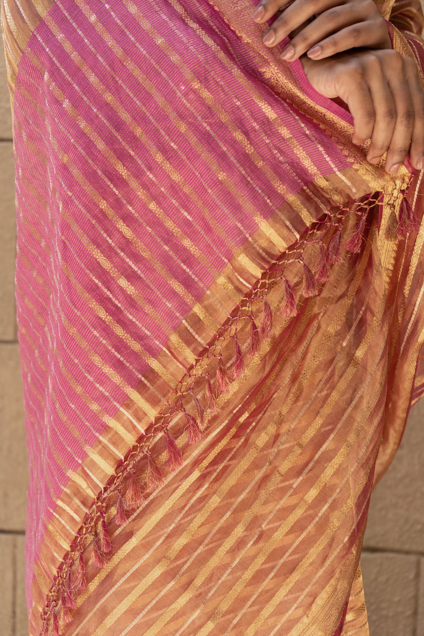 Tissue Stripes Dhoop Chaav Rust Saree