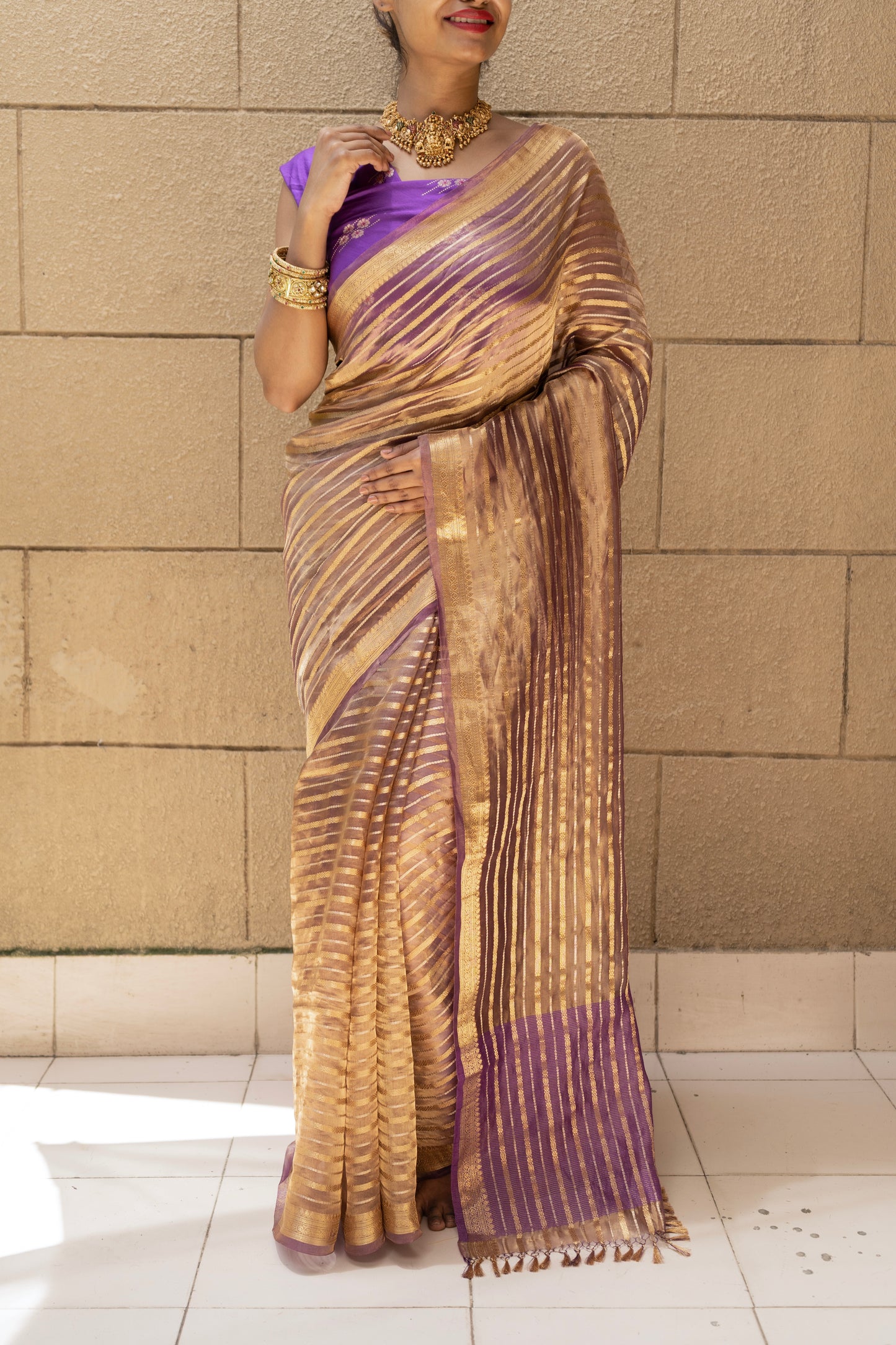 Tissue Stripes Dhoop Chaav Purple Saree