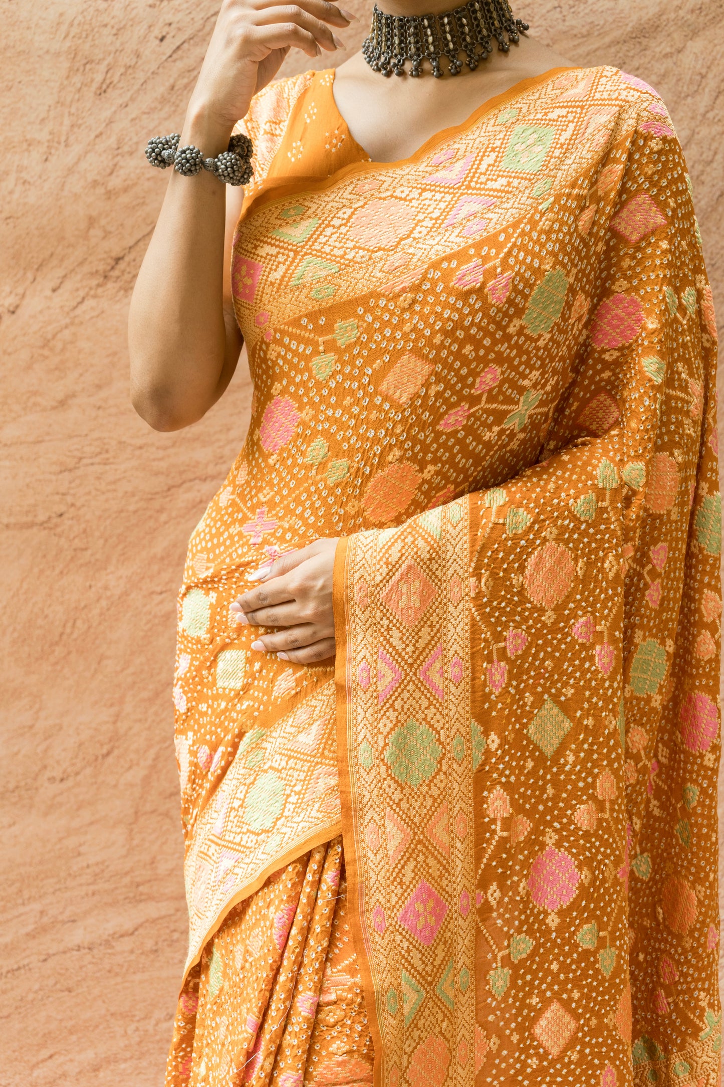 Patola Mustard Meenakari Bandhej Saree