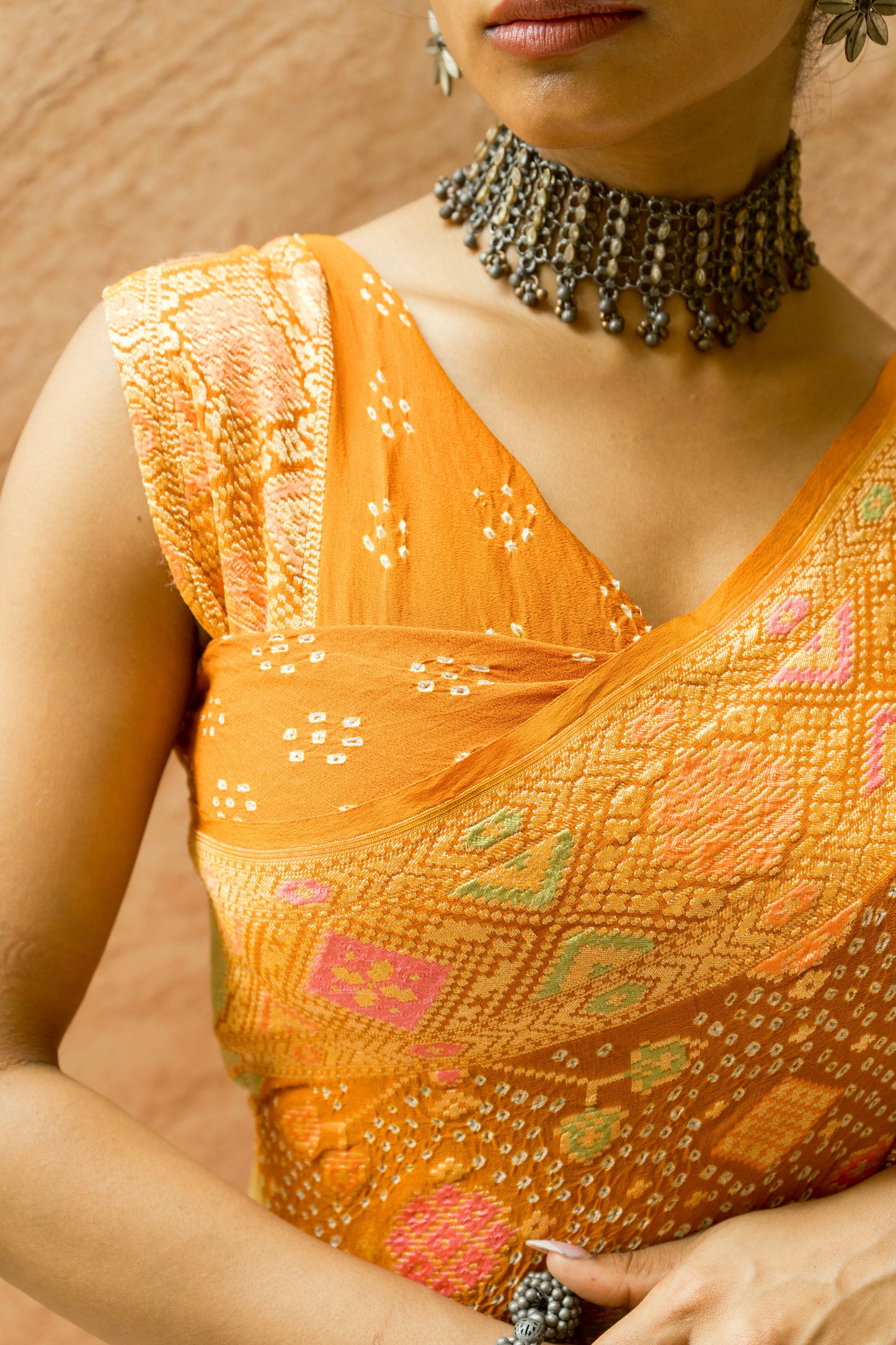 Patola Mustard Meenakari Bandhej Saree