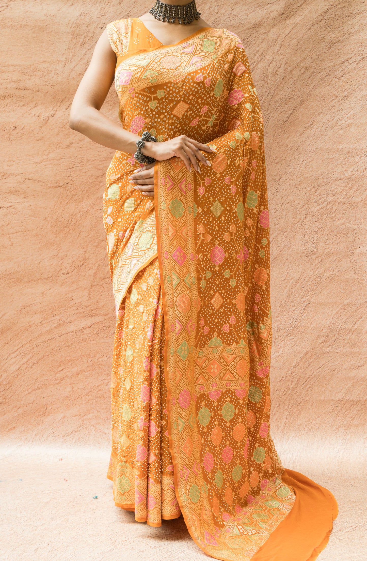 Patola Mustard Meenakari Bandhej Saree