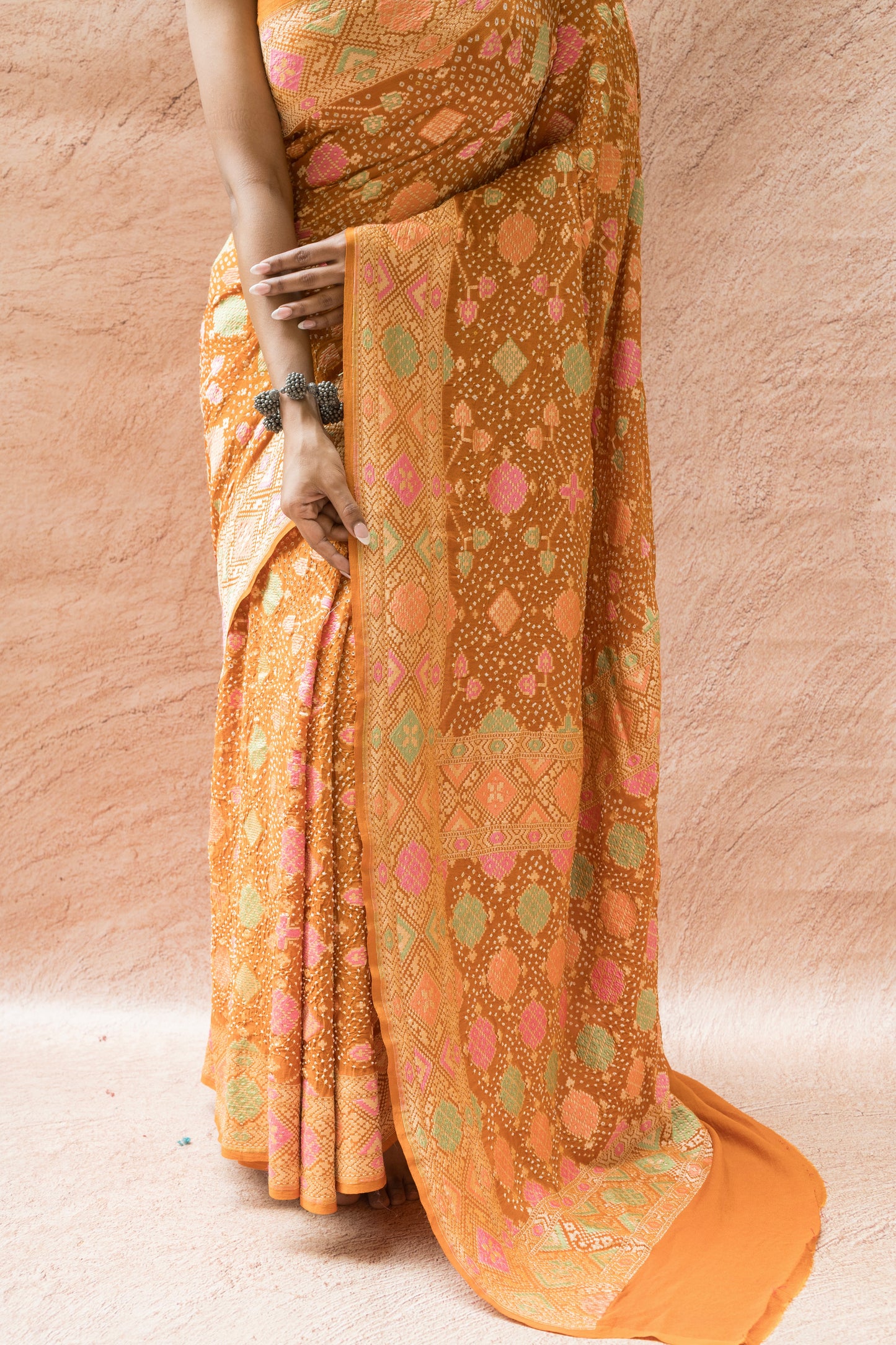Patola Mustard Meenakari Bandhej Saree