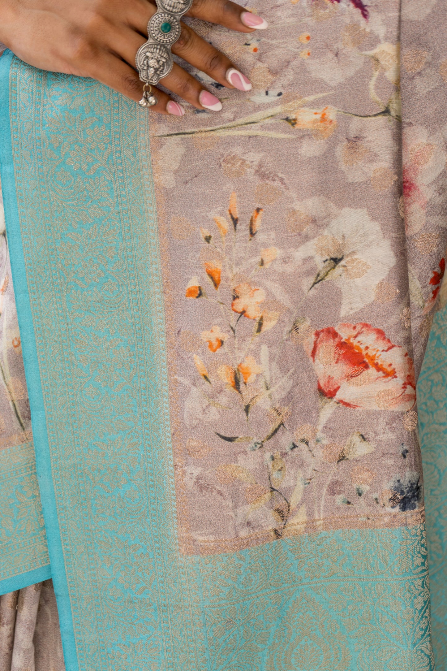 Chiniya Blue-Grey Floral (Golden Booti) Saree