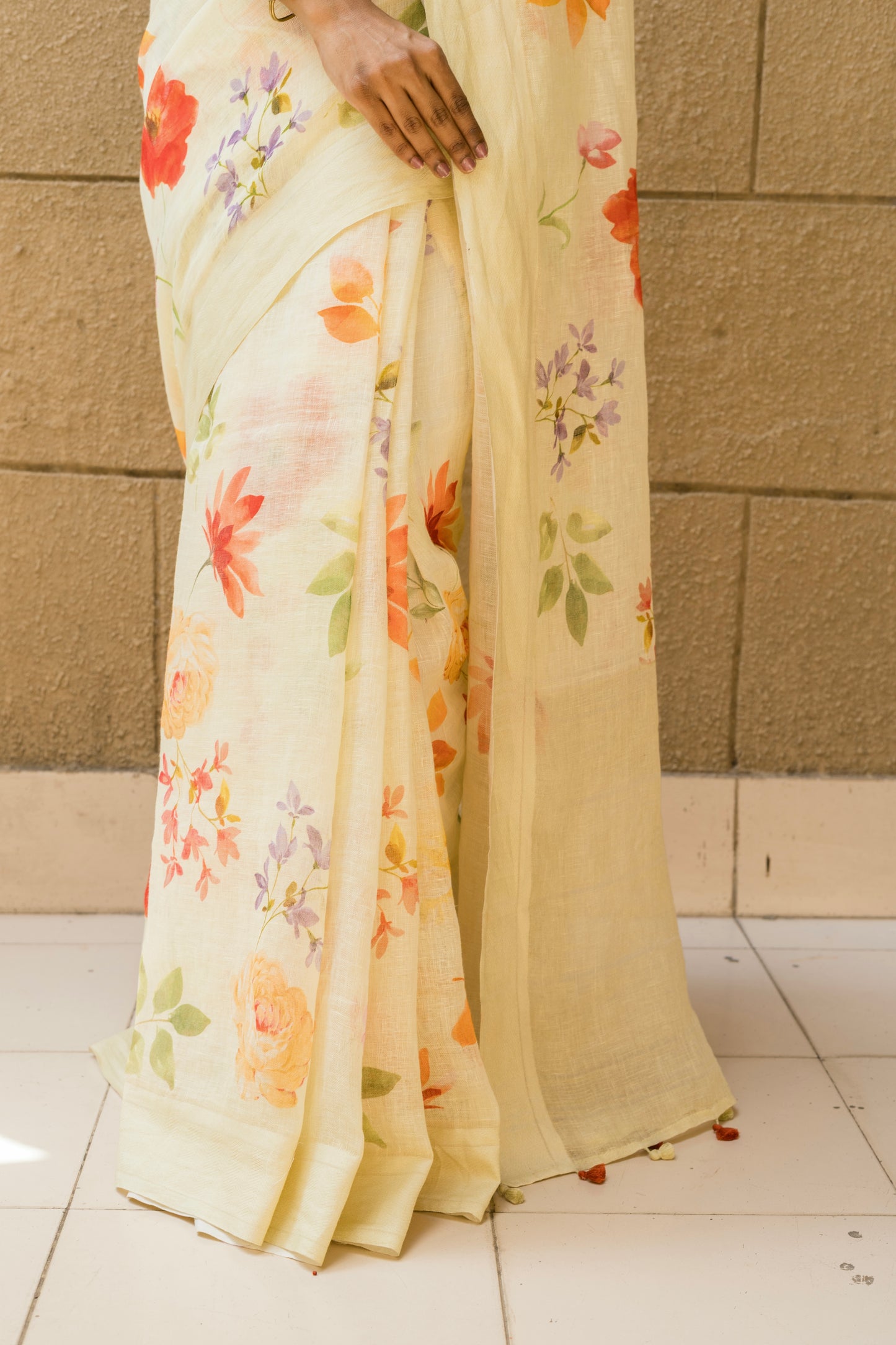 Linen Lemon Yellow Multi Color Floral Saree