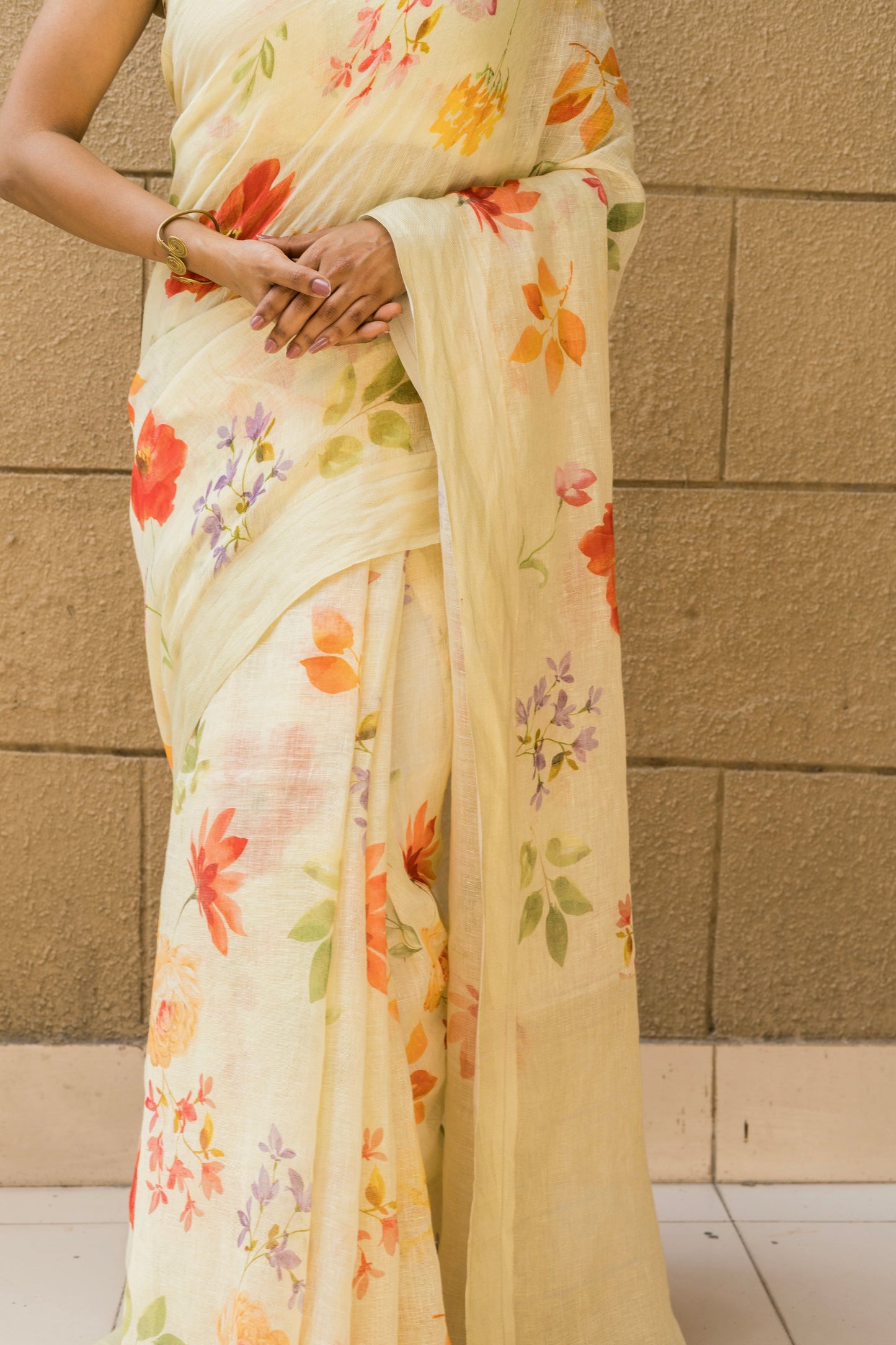 Linen Lemon Yellow Multi Color Floral Saree