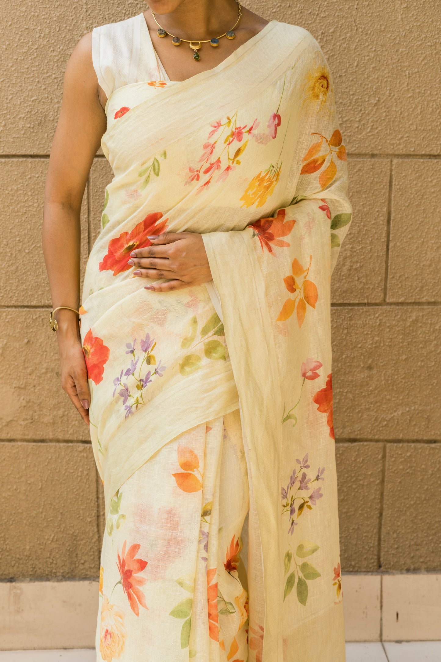Linen Lemon Yellow Multi Color Floral Saree
