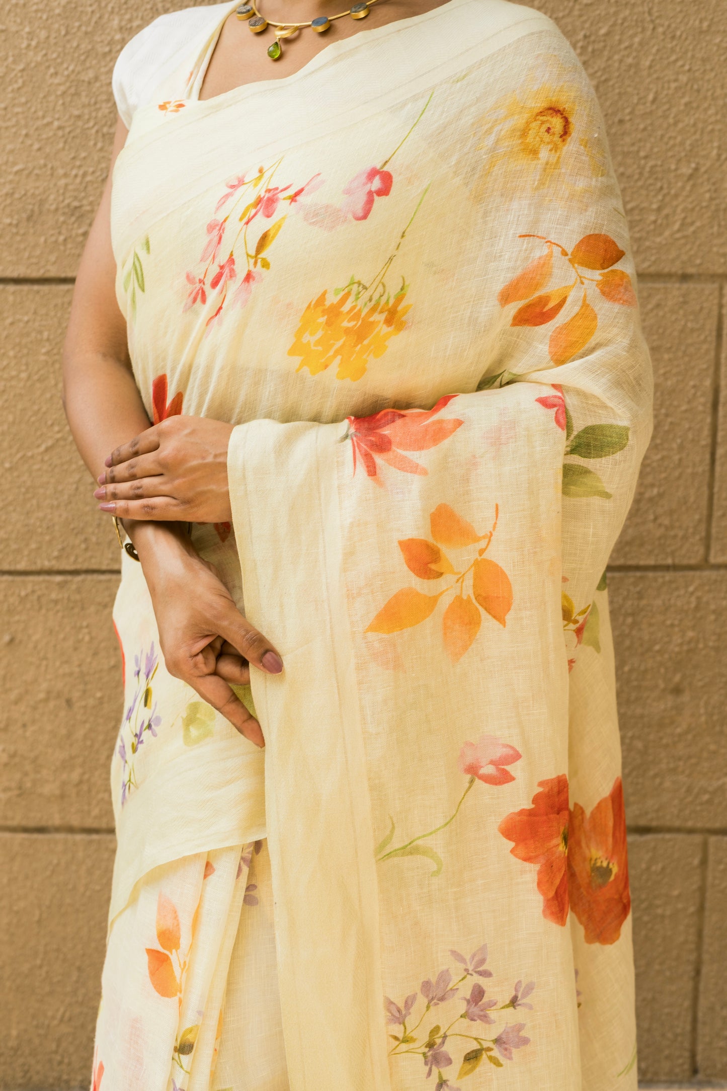 Linen Lemon Yellow Multi Color Floral Saree