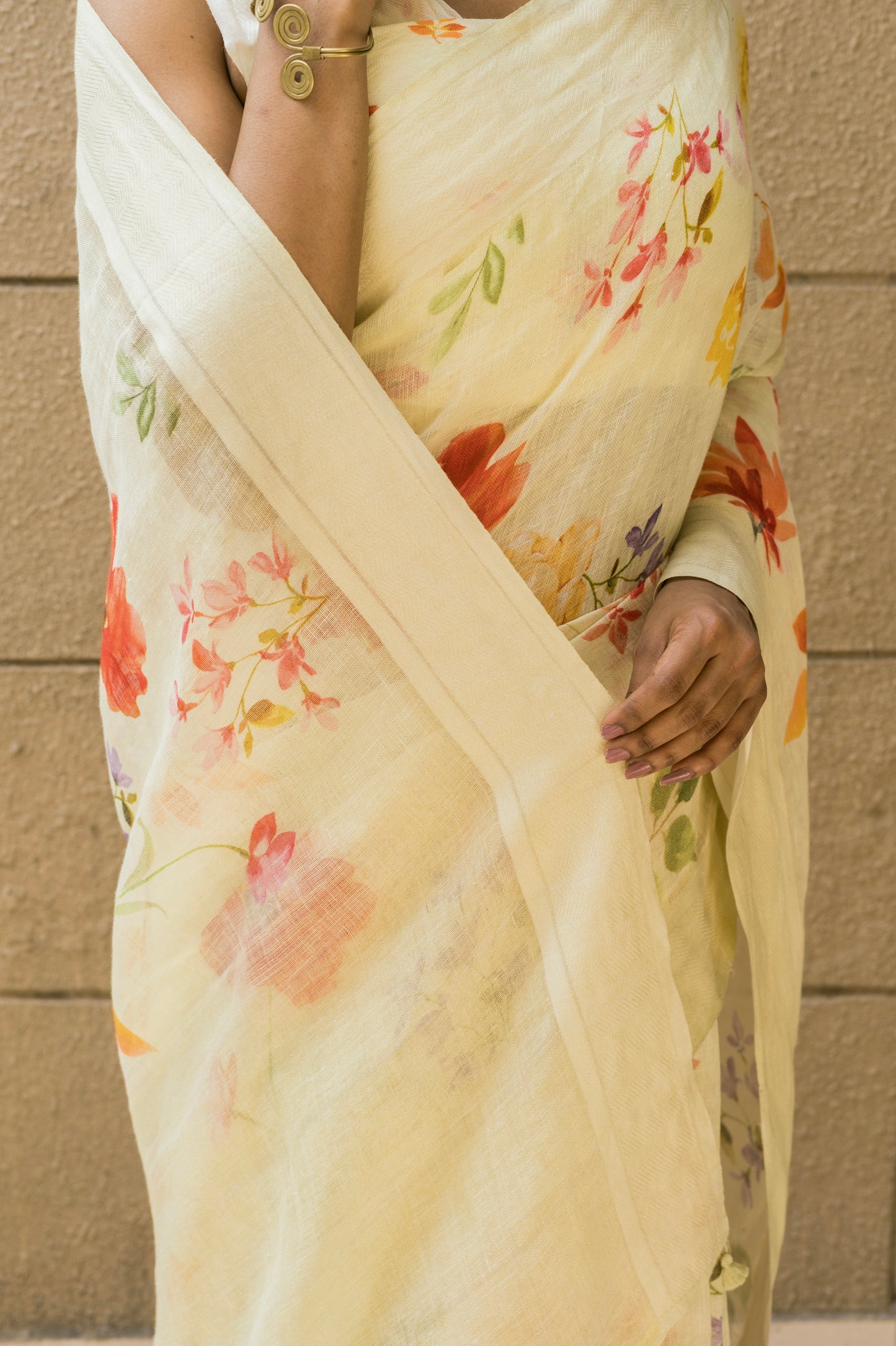 Linen Lemon Yellow Multi Color Floral Saree