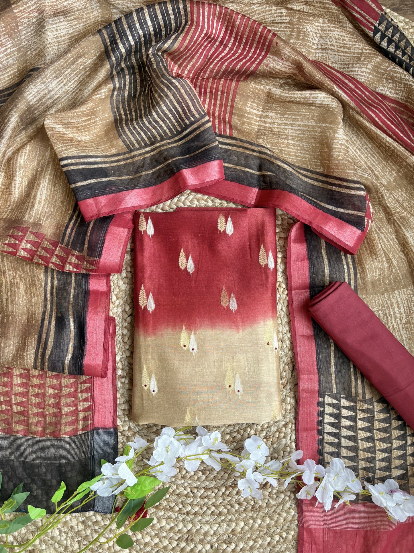 Shaded Maroon Printed Woven Suit Set