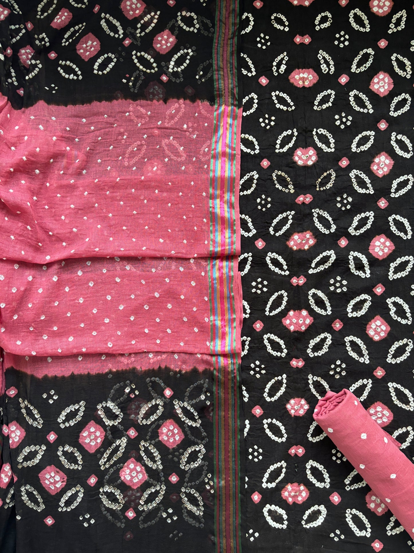 Cotton Bandhej Pink-Black Set