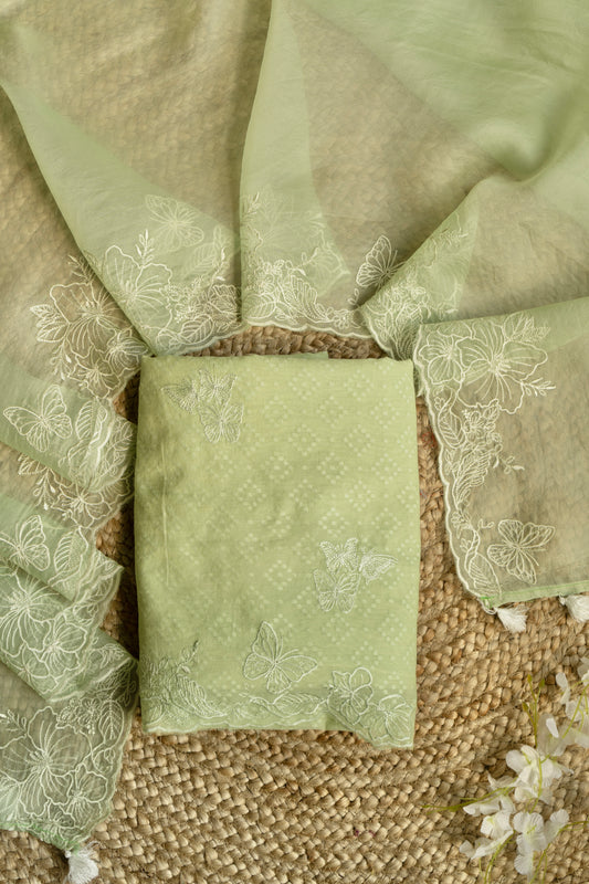 Chanderi Mint Green Self Weaving Kurta Piece with Organza Dupatta