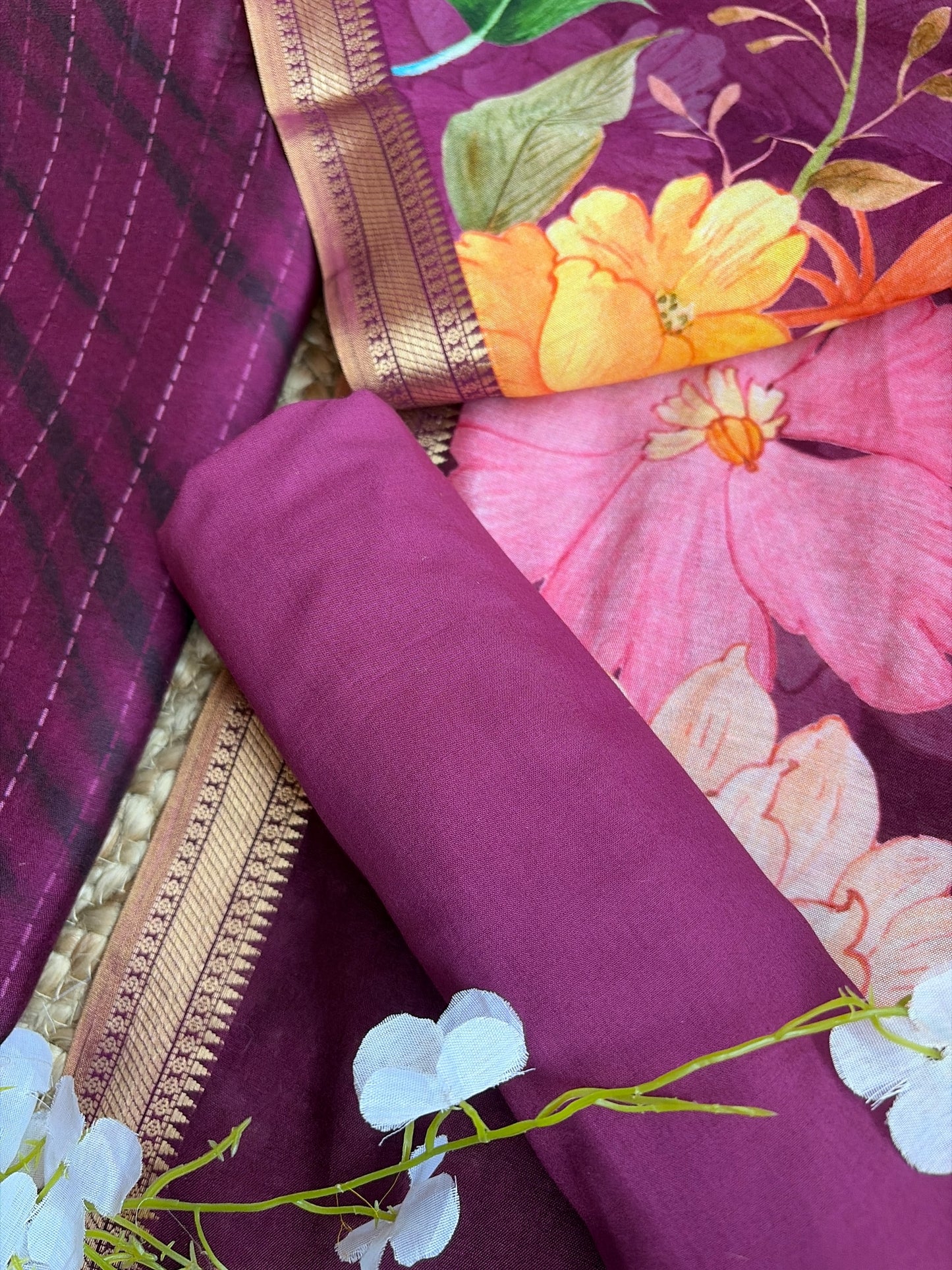 Staple Silk Purple Floral Stripes Printed Set
