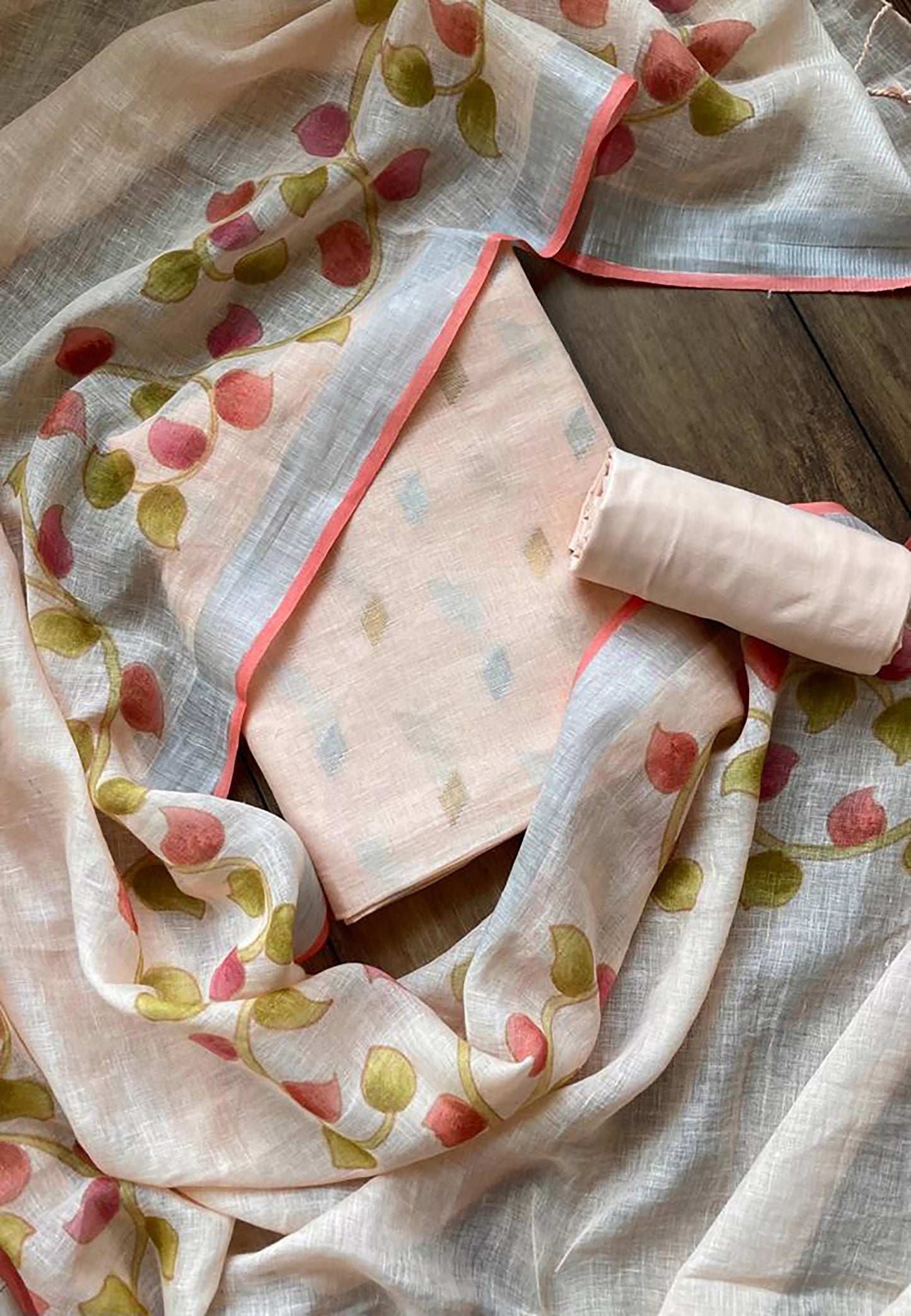 Linen Handprinted Peach Set