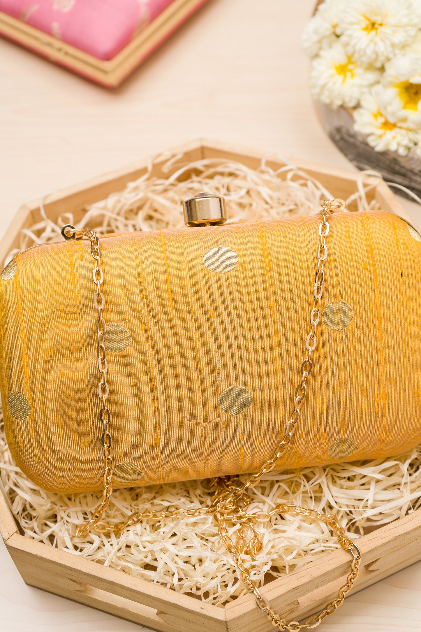 Yellow Raw Silk Zari Boota Clutch