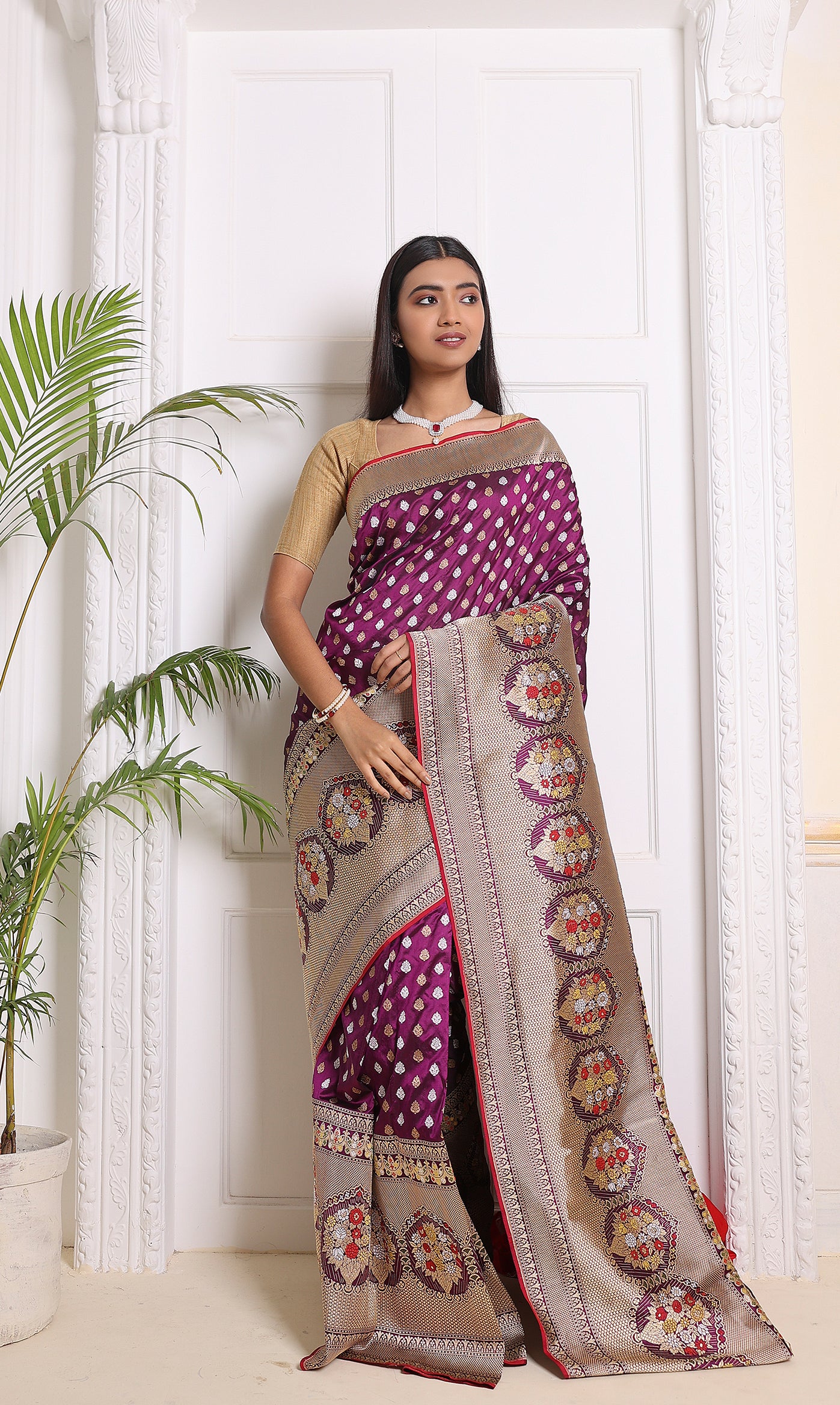 Purple Jangla Silver Gold Saree