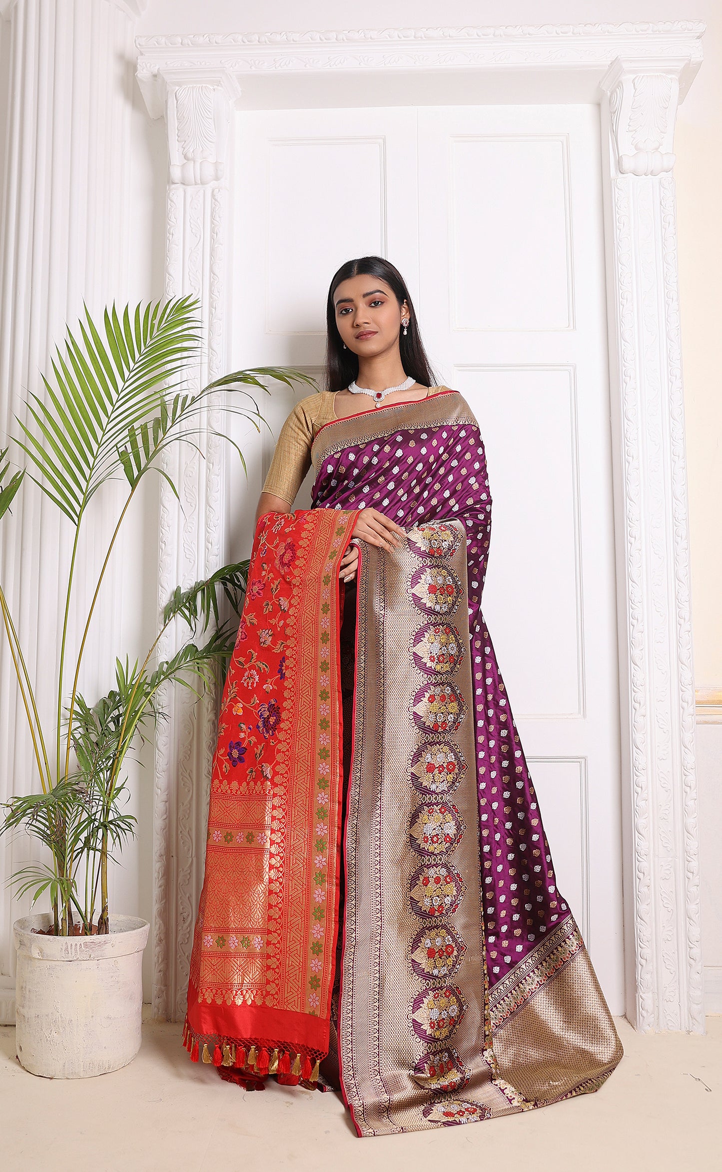 Purple Jangla Silver Gold Saree