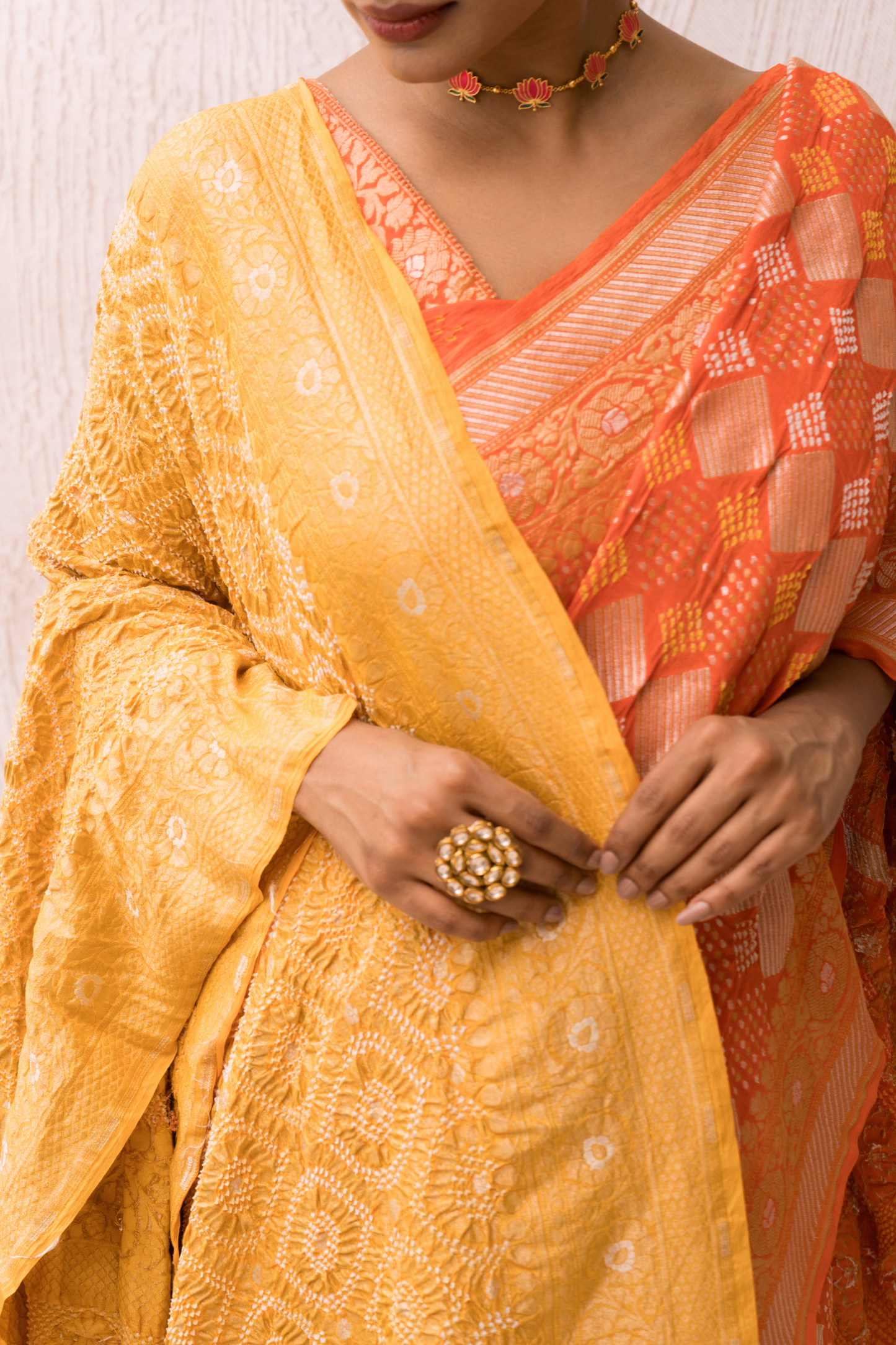 Georgette Sona Rupa Orange Bandhej Saree