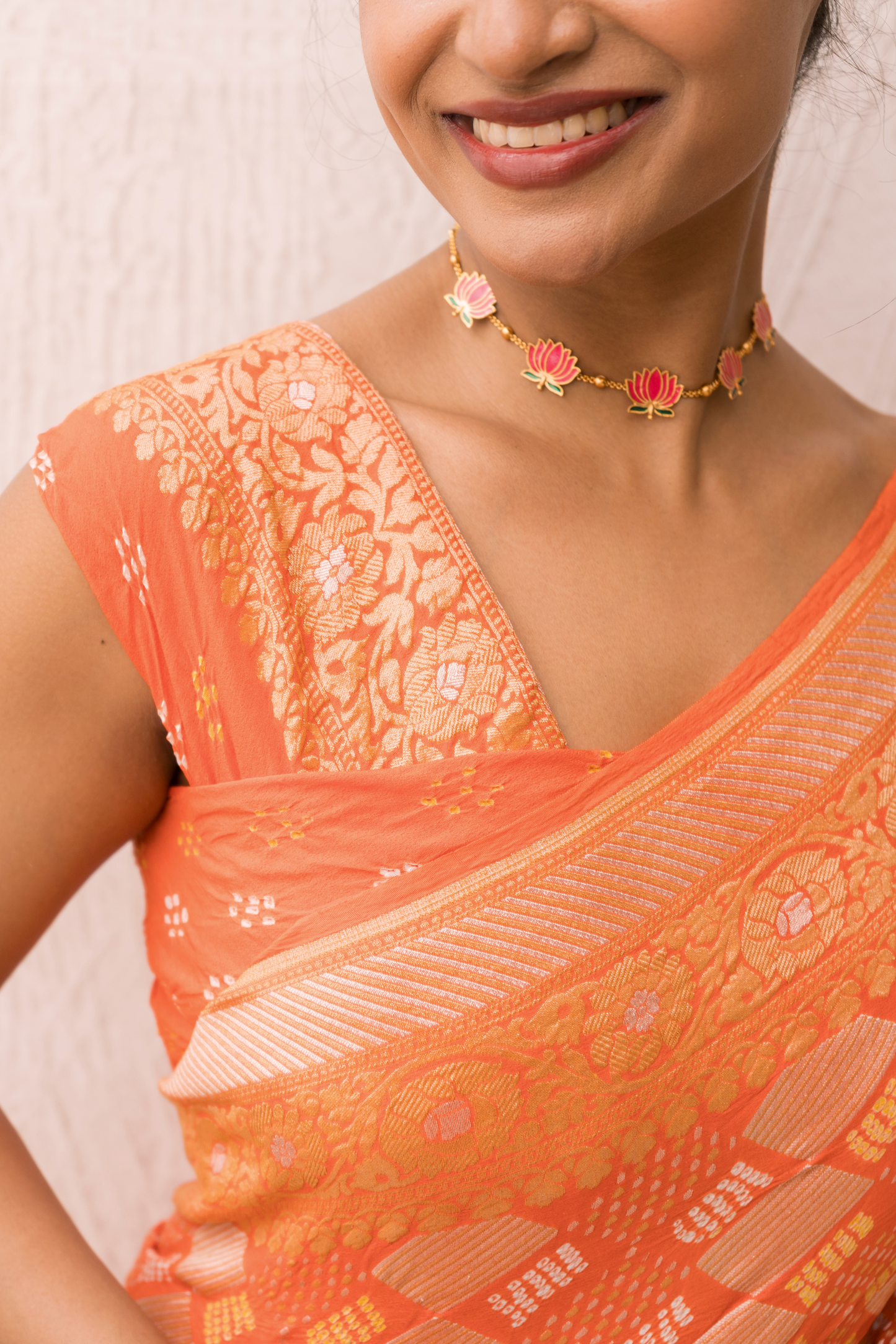 Georgette Sona Rupa Orange Bandhej Saree