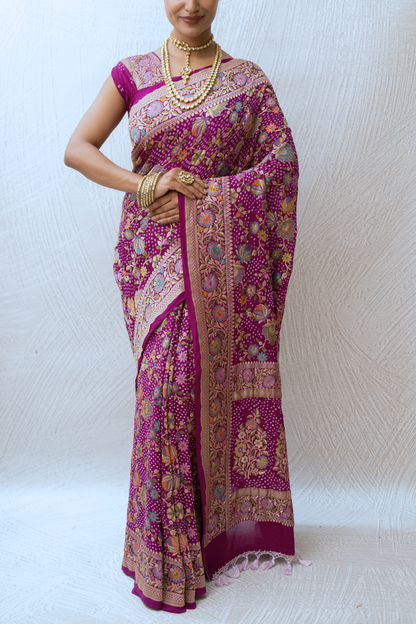 Georgette Floral Jaal Meenakari Bandhej Purple Saree