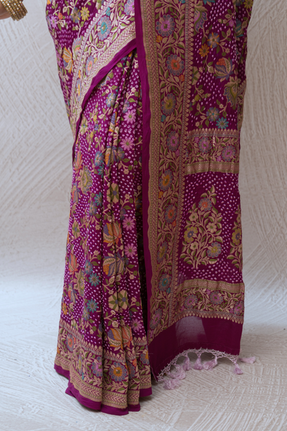 Georgette Floral Jaal Meenakari Bandhej Purple Saree