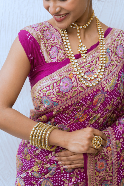 Georgette Floral Jaal Meenakari Bandhej Purple Saree