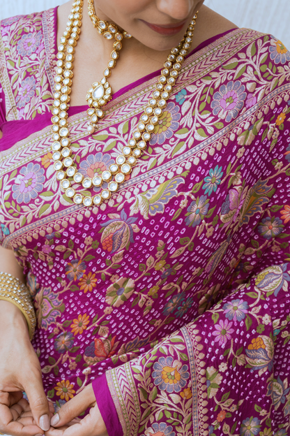 Georgette Floral Jaal Meenakari Bandhej Purple Saree