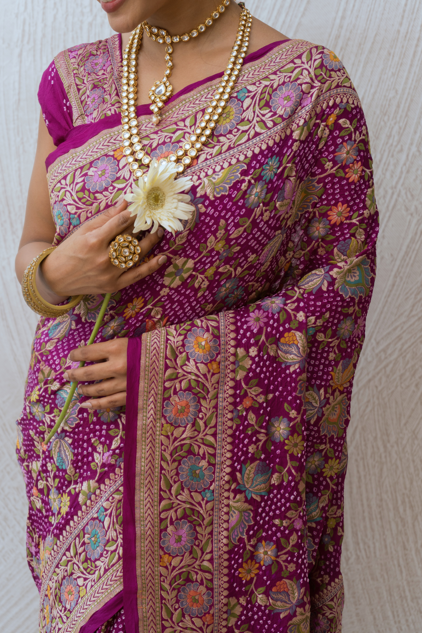 Georgette Floral Jaal Meenakari Bandhej Purple Saree