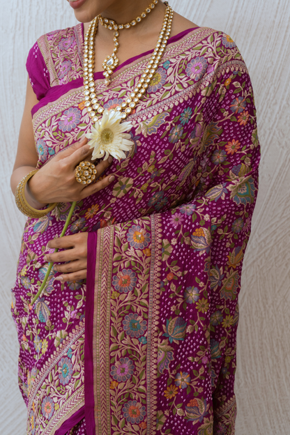 Georgette Floral Jaal Meenakari Bandhej Purple Saree