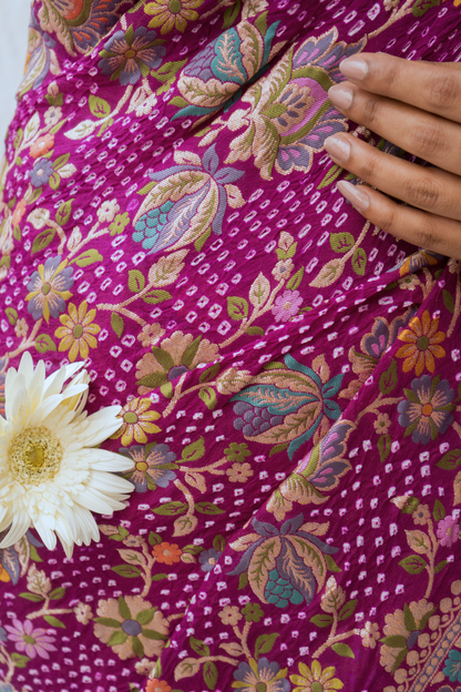 Georgette Floral Jaal Meenakari Bandhej Purple Saree