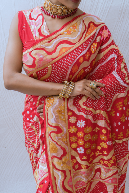 Modern Weaving Meenakari Red Bandhej Saree