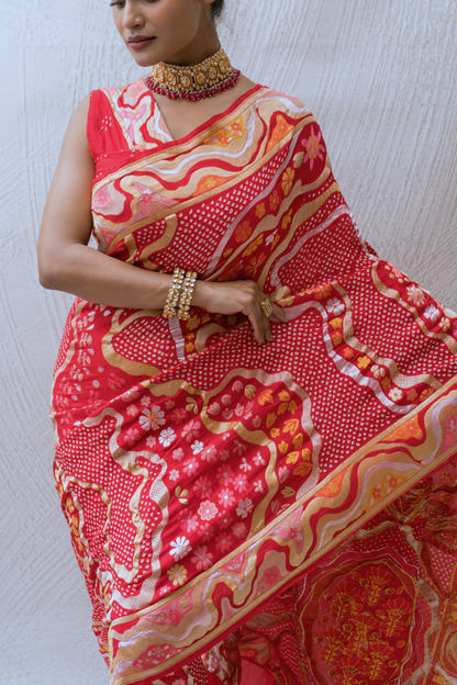 Modern Weaving Meenakari Red Bandhej Saree