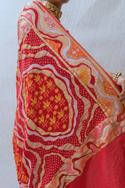 Modern Weaving Meenakari Red Bandhej Saree