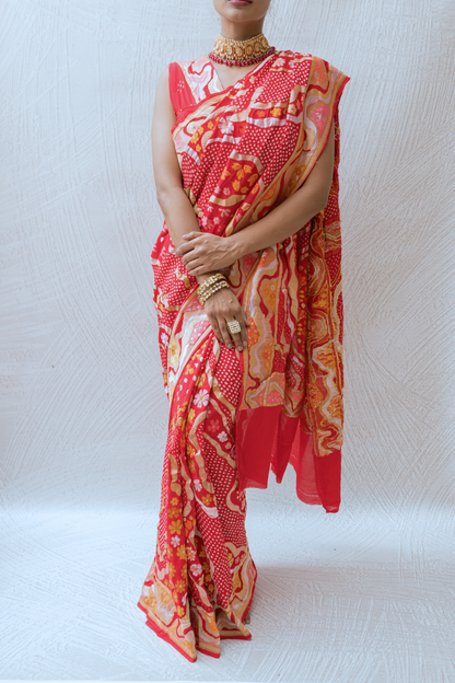 Modern Weaving Meenakari Red Bandhej Saree