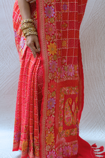Georgette Checks Floral Jaal Red Bandhej Saree