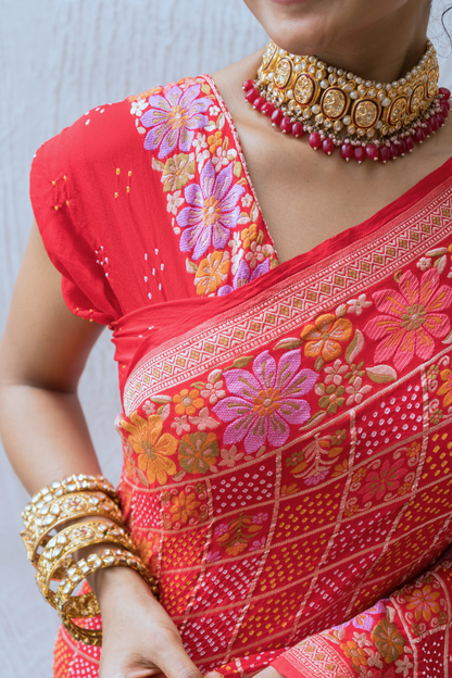 Georgette Checks Floral Jaal Red Bandhej Saree