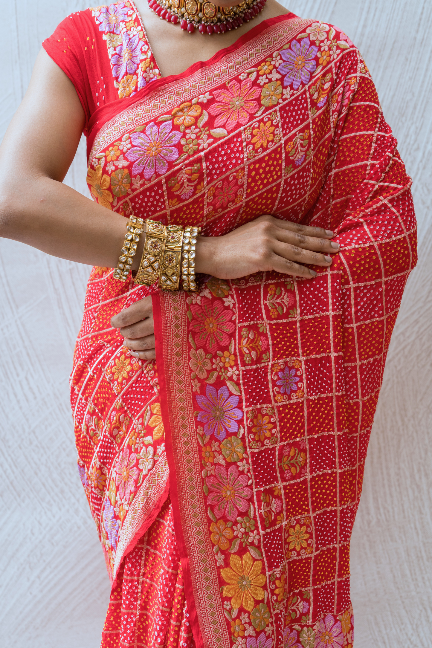 Georgette Checks Floral Jaal Red Bandhej Saree