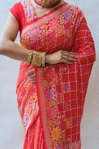 Georgette Checks Floral Jaal Red Bandhej Saree