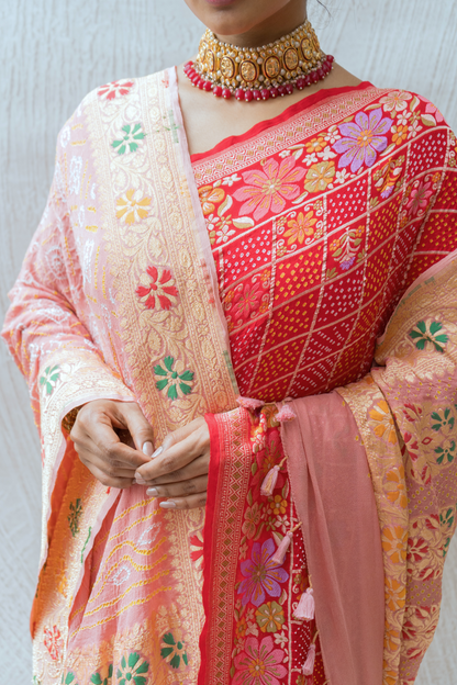 Georgette Checks Floral Jaal Red Bandhej Saree