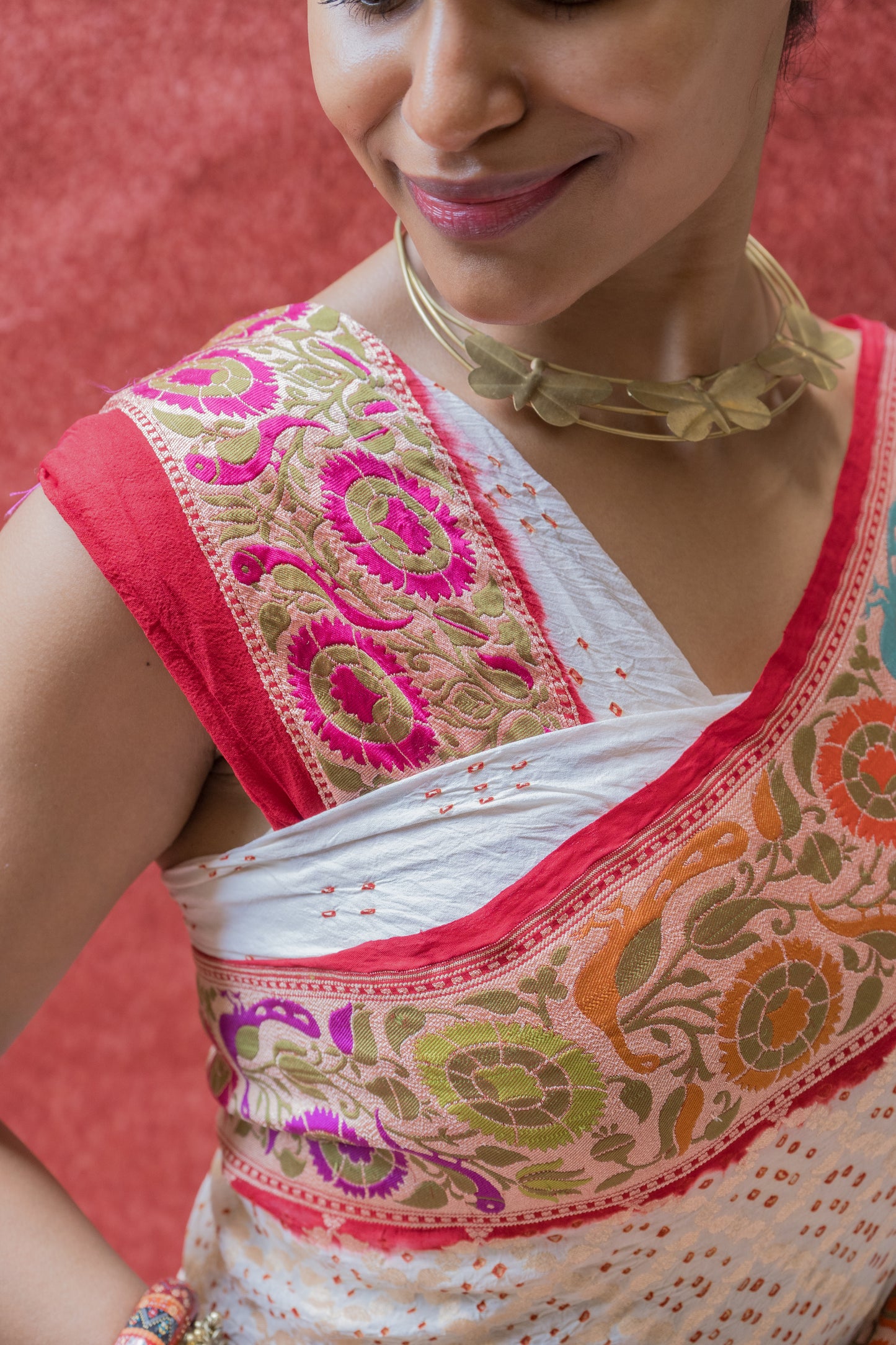 Georgette White-Red Paithani Bandhej Saree