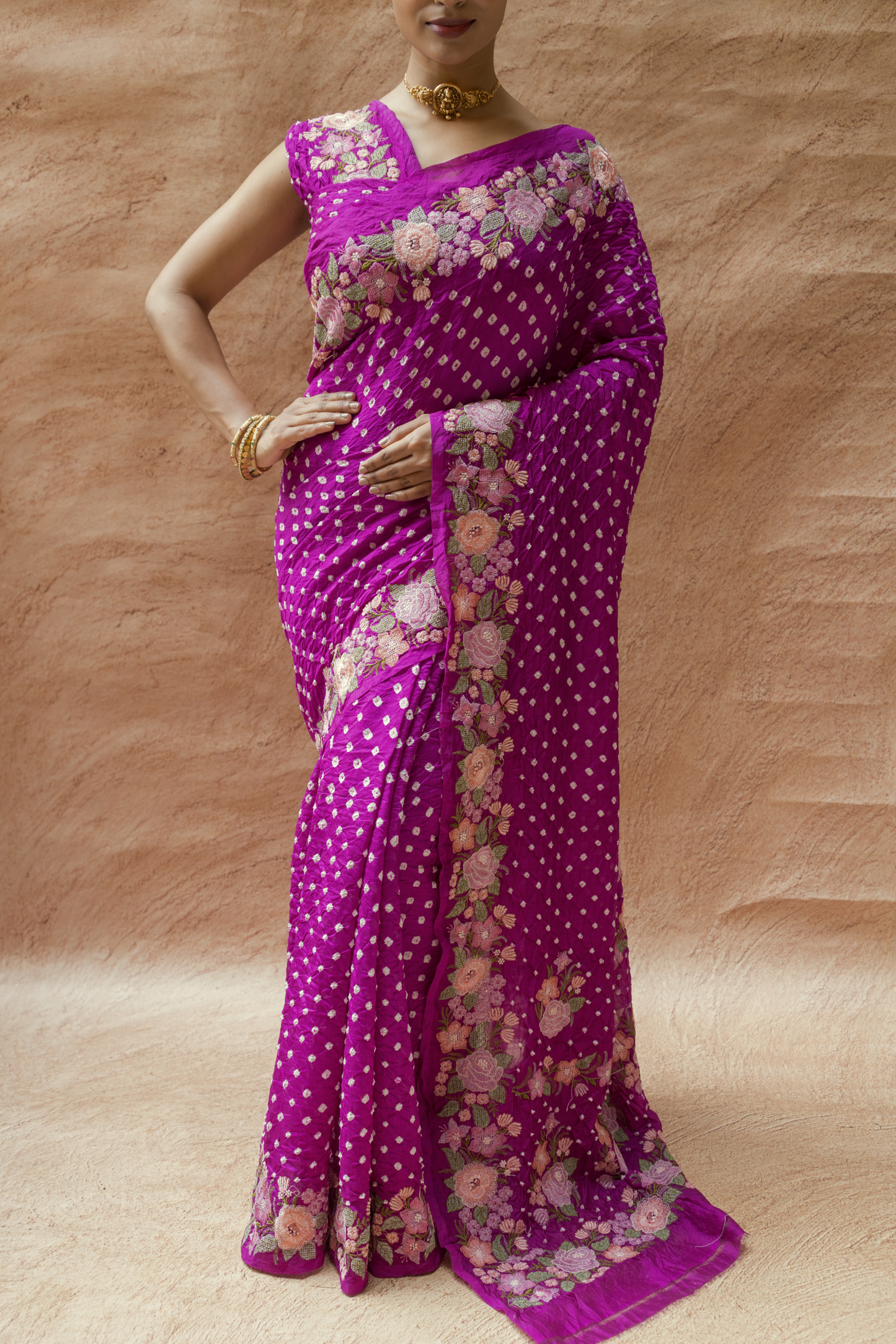 Chiniya Embroidered Purple Bandhej Saree
