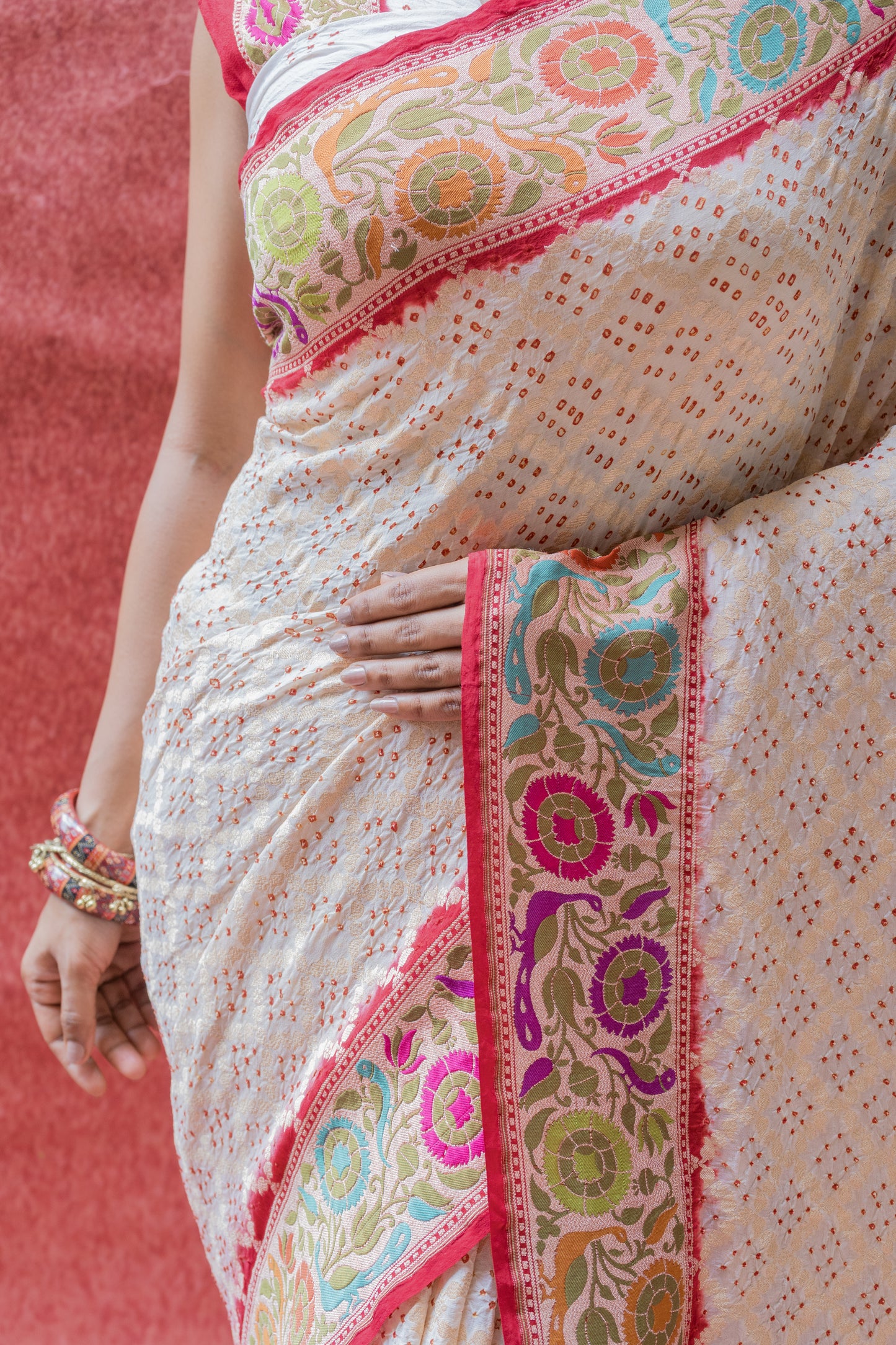 Georgette White-Red Paithani Bandhej Saree
