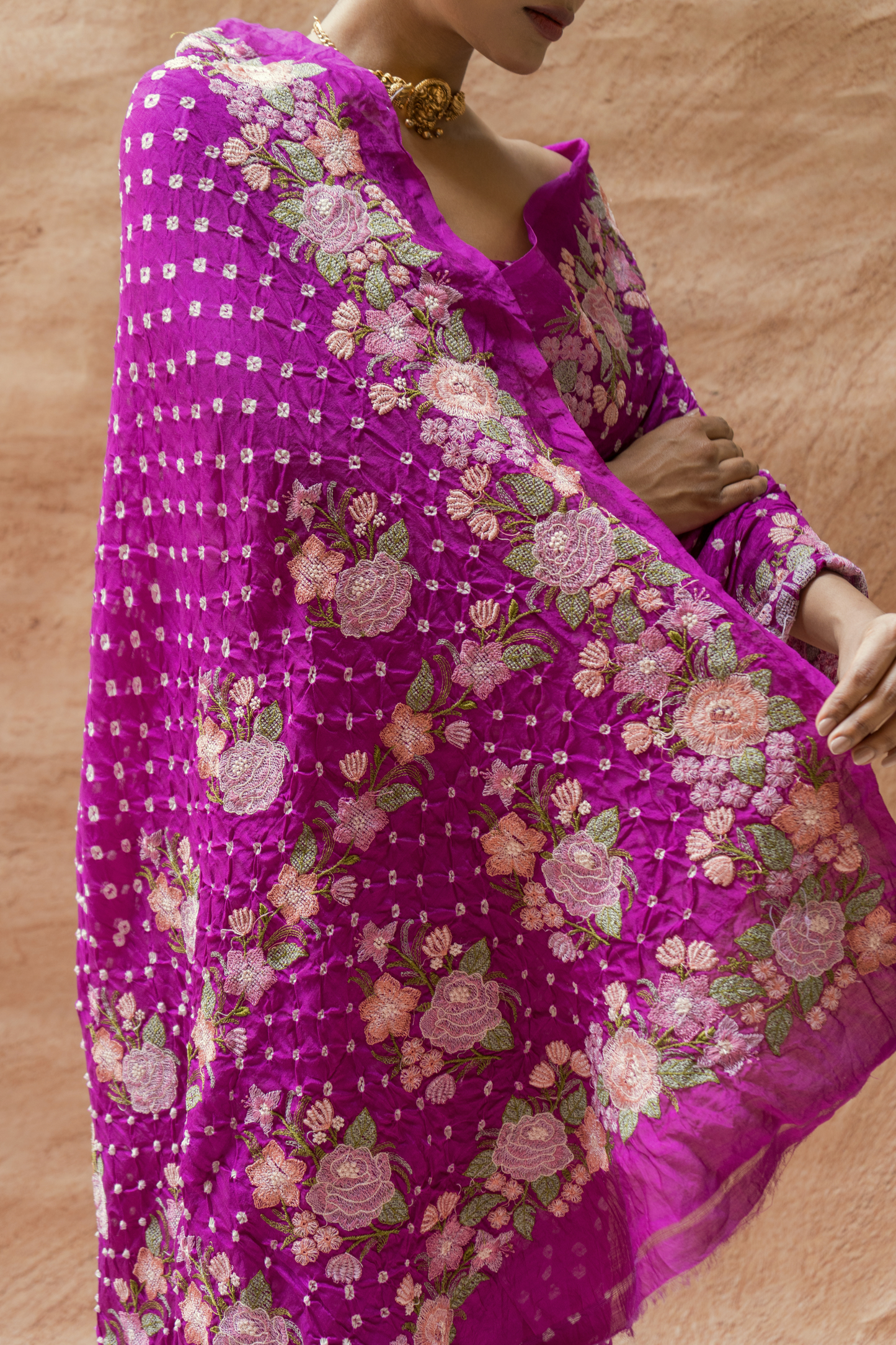 Chiniya Embroidered Purple Bandhej Saree