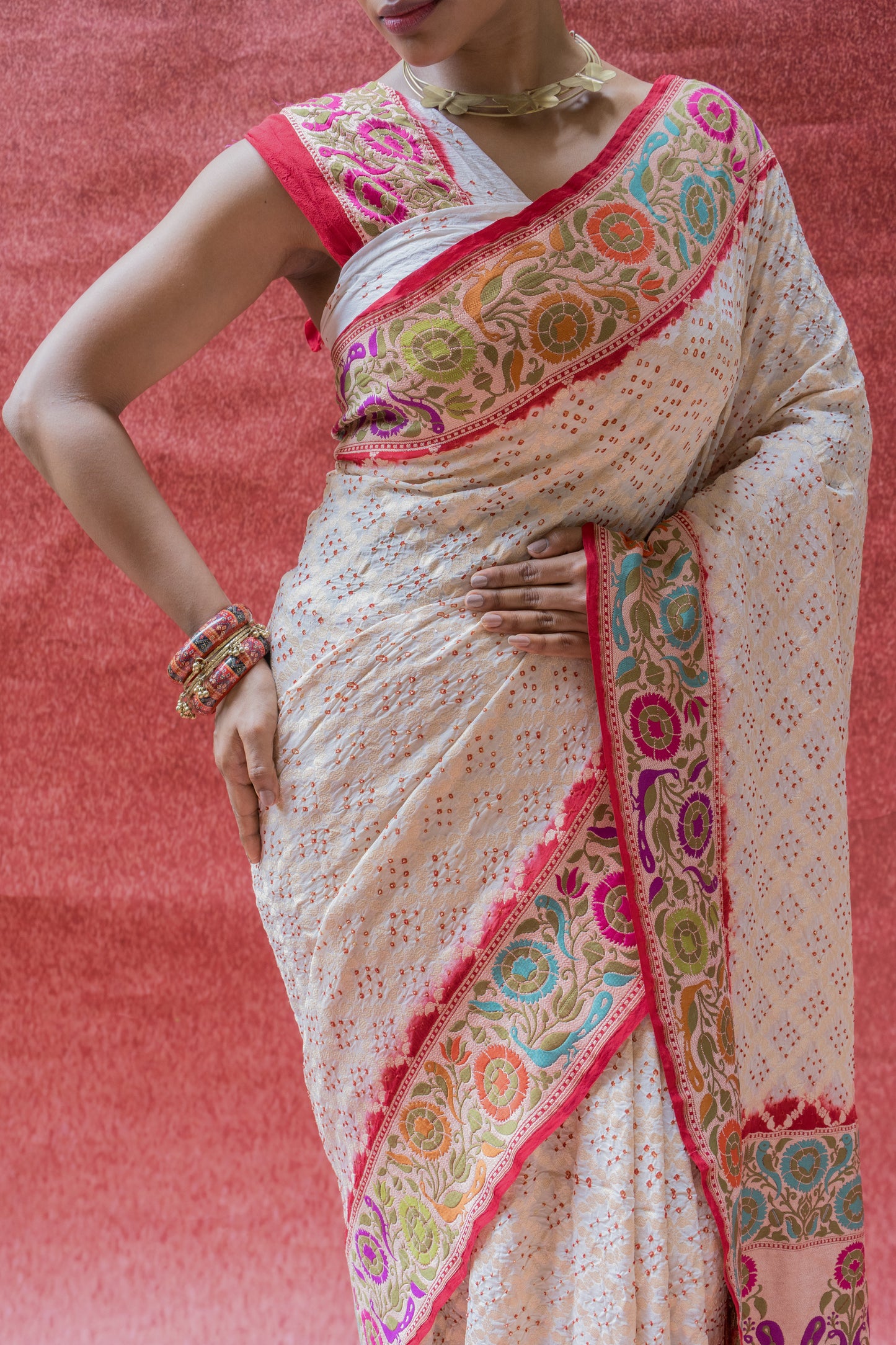 Georgette White-Red Paithani Bandhej Saree