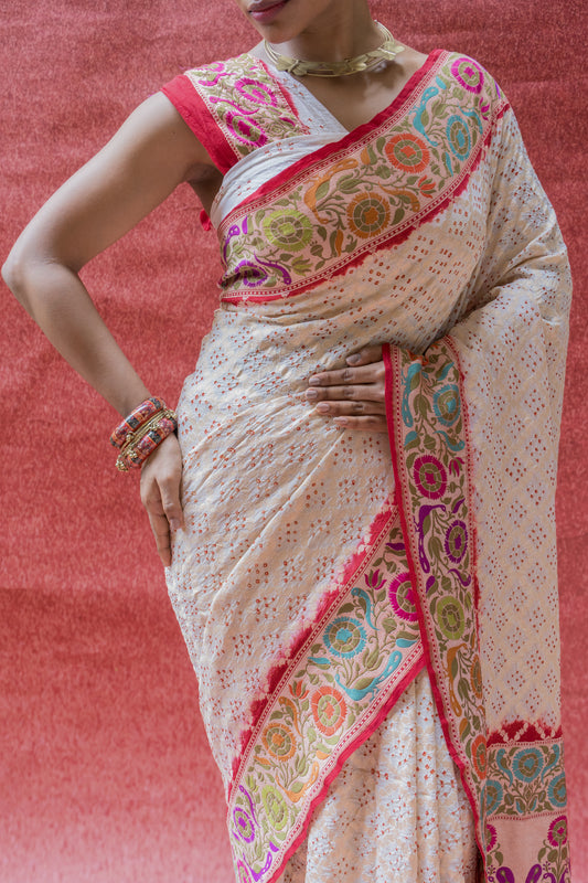 Georgette White-Red Paithani Bandhej Saree