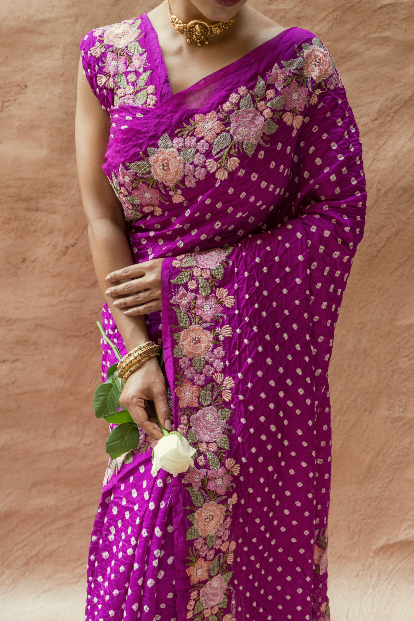 Chiniya Embroidered Purple Bandhej Saree