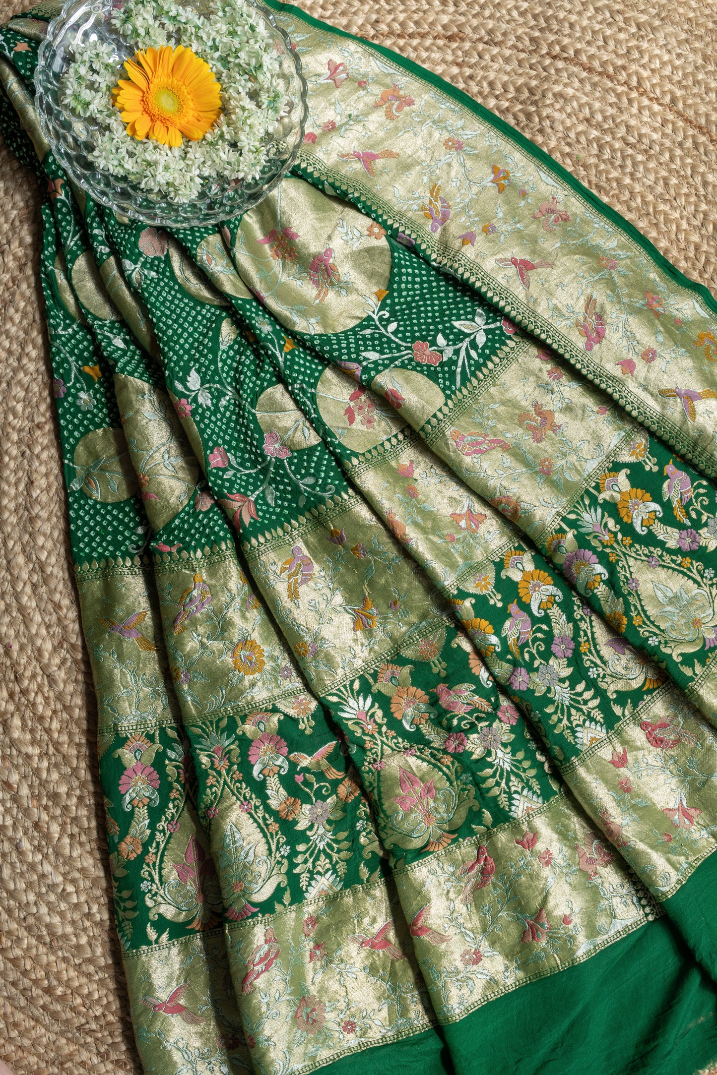Georgette Figure Boota Meenakari Bandhej Green Dupatta